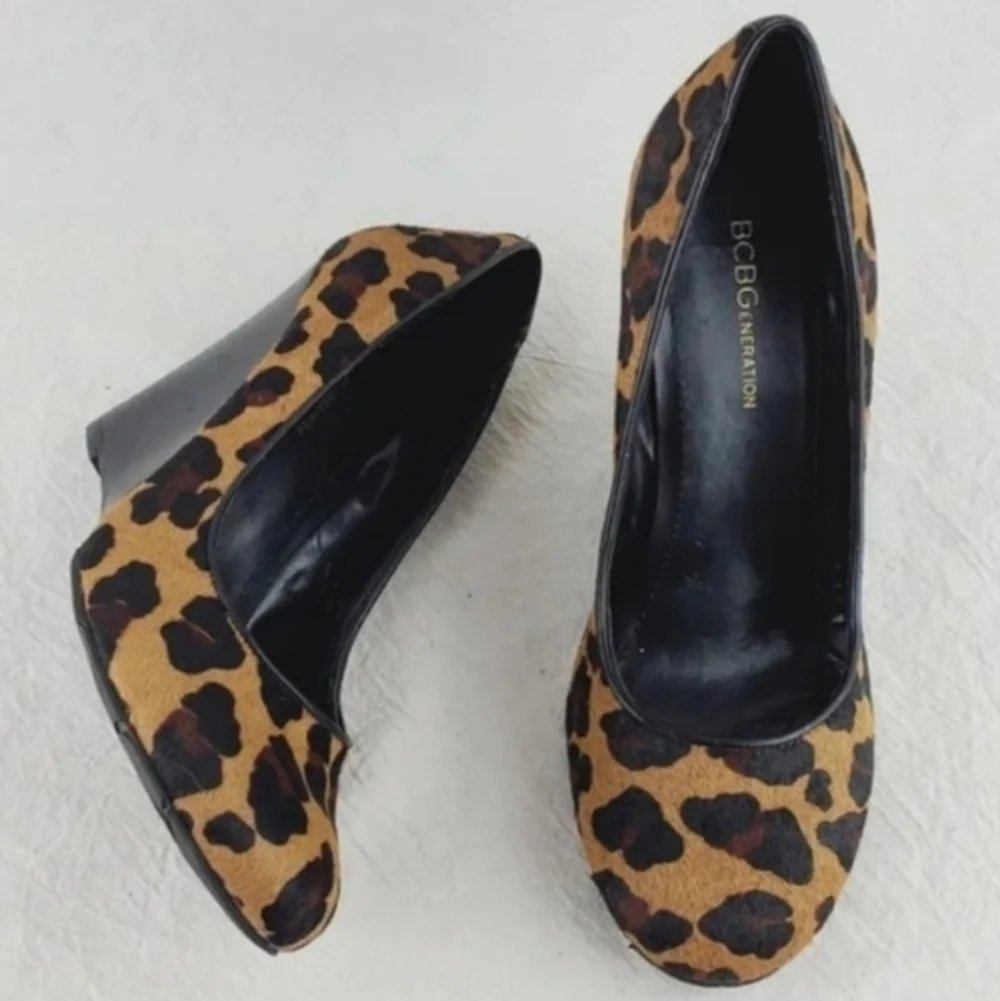 BCBGeneration leapard print real cow fur wedge shoes 6.5